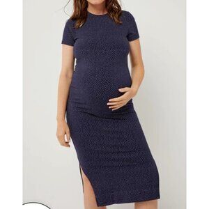 A Pea in the Pod Polka Dot Short Sleeve Maternity Midi Dress Navy SZ Large